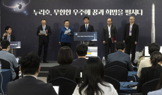 24일 오후 나로우주센터에서 오태석 과기정통부 1차관이 발사 취소 관련 브리핑을 하고 있다. 항우연 제공